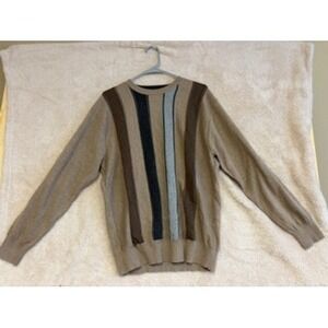 FX FUSION Mens Crew Neck Long Sleeve Striped Sweater Tan Brown Gray Size L